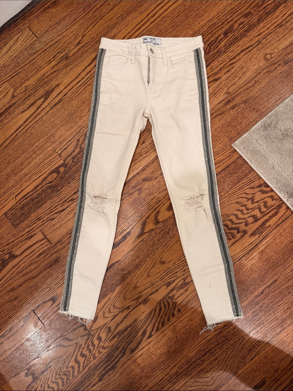 Free People Cream Skinny Jeans with Metallic Side Stripes